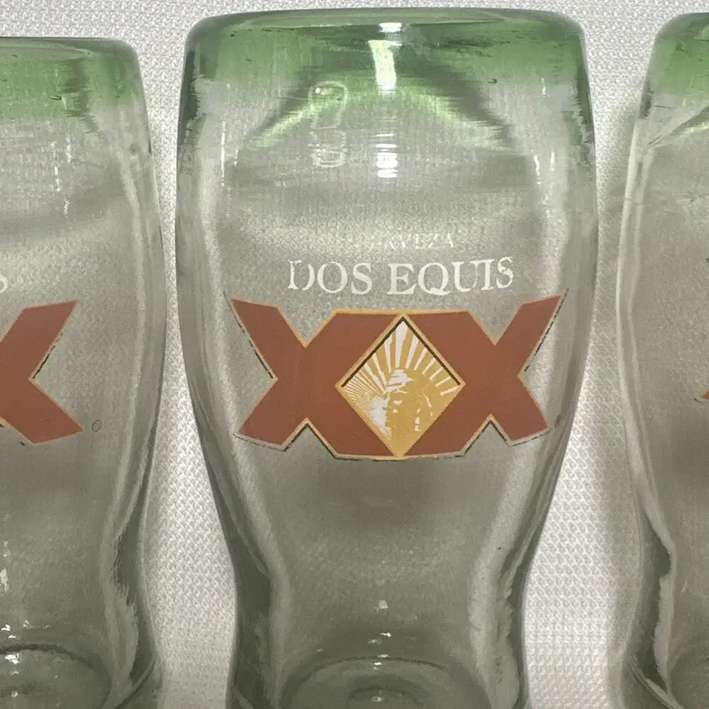 Dos Equis XX Hand Blown Beer Glasses Heavyweight Thick Bubbles Green Rim Set 4
